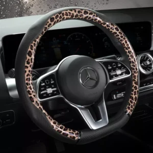 Anti-Slip Leopard Print Leather Steering Wheel Cover for Mercedes