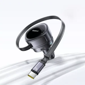 60W 3-Port Car Charger with Retractable Cable & 180° Rotating Head