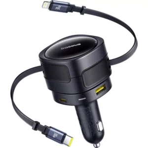 90W Fast Car Charger with Dual Retractable Cables & 4-Port Charging Station