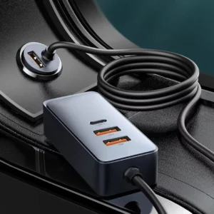 120W Multi-Port Fast Car Charger with USB & Type-C Ports + Extension Cord