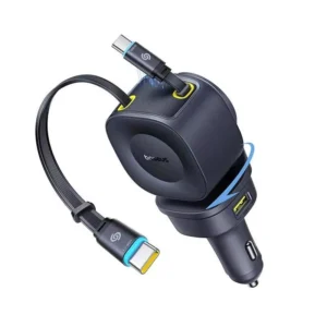 60W Multi-Port Fast Car Charger with Dual Retractable Cables and USB-C Ports