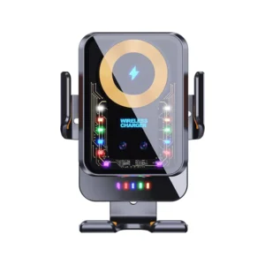 15W Wireless Car Charger & Auto-Clamping Phone Holder with Atmosphere Lights