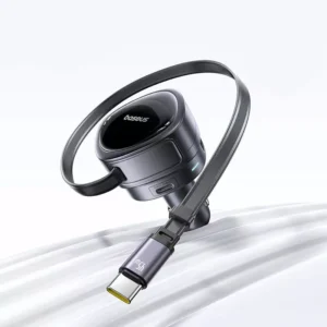 60W Car Charger with Retractable Cable, 3-Port Fast Charging, 180° Rotation