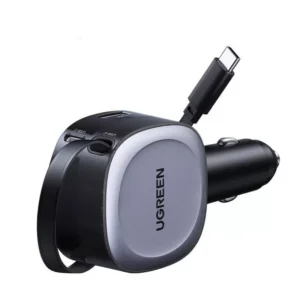 75W Fast Car Charger with Retractable Cable – Dual Port USB-C & A