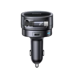 60W Car Charger with Retractable Cable, Fast Charging, 3 Ports, 180° Rotation