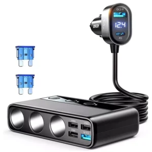 9-in-1 154W Car Charger Adapter with USB C, QC 3.0 & 3 Lighter Sockets