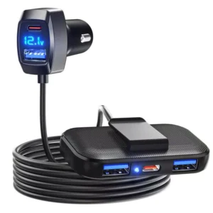 5-Port Multi-Device Car Charger with 5ft Cable – USB & Type C Compatible