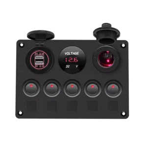 5-Gang Boat & Car Switch Panel with Digital Voltmeter, USB Ports, and 12V Outlet for Tesla