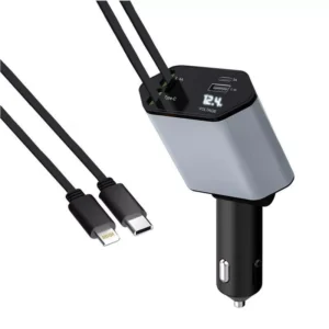 120W Car Charger with Retractable Cable & USB Type-C Fast Charge for iPhone & Samsung